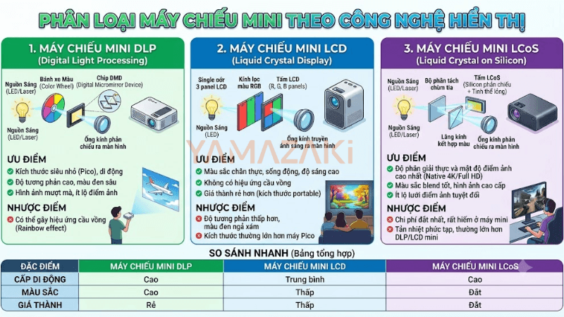 Các loại máy chiếu mini hiện nay: Phân loại chi tiết, so sánh & hướng dẫn chọn đúng nhu cầu 2026 2 Phân loại máy chiếu mini theo công nghệ hiển thị