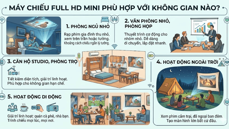Máy chiếu Full HD mini: tất cả những gì cần biết & gợi ý mẫu đáng mua nhất 2026 3 may chieu mini full hd phu hop khong gian nao