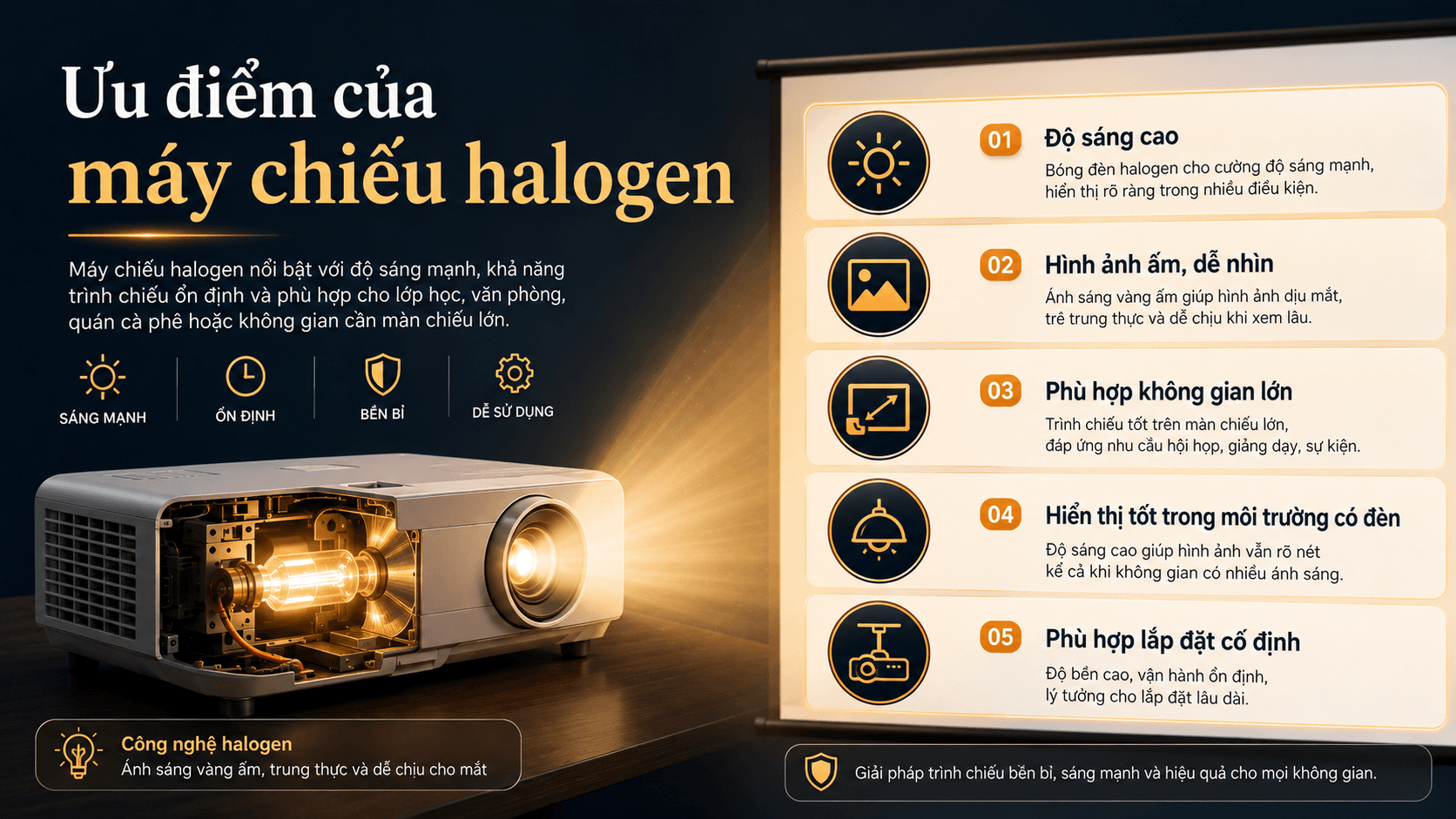Máy Chiếu Halogen Là Gì? Có Nên Mua Không? Ưu Nhược Điểm Chi Tiết 3 ưu điểm may chiéu halogen